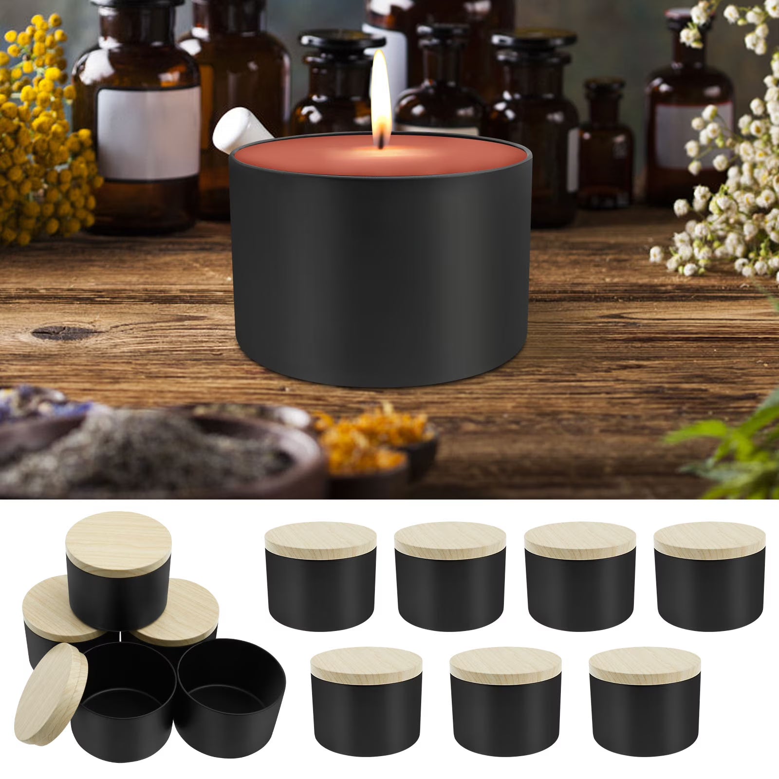 Candle Tins with Wood Grain Lids – 12 Pack