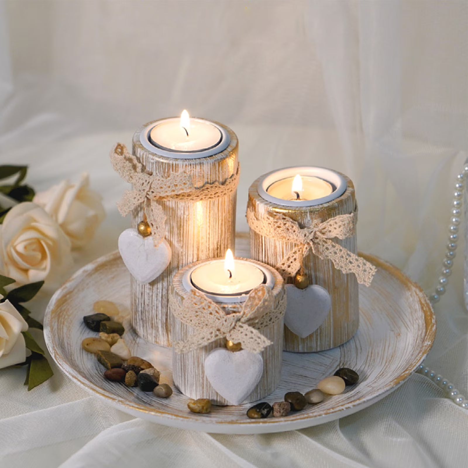 Farmhouse Wooden Candle Holder Set – 3 Pieces